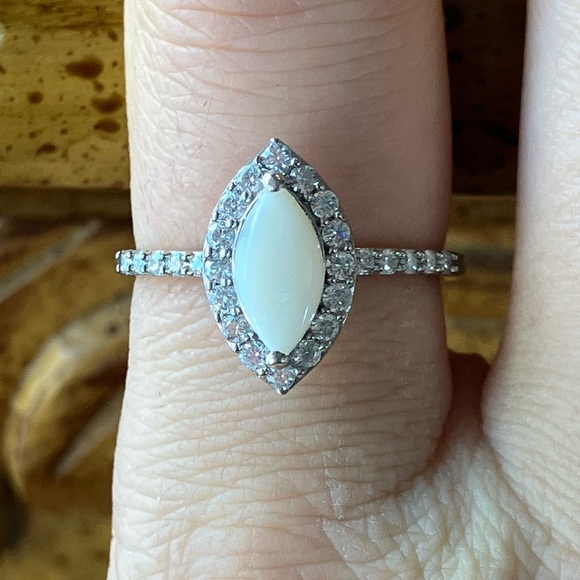 Australian White Opal Moissanite Sterling Silver Ring Size 9
